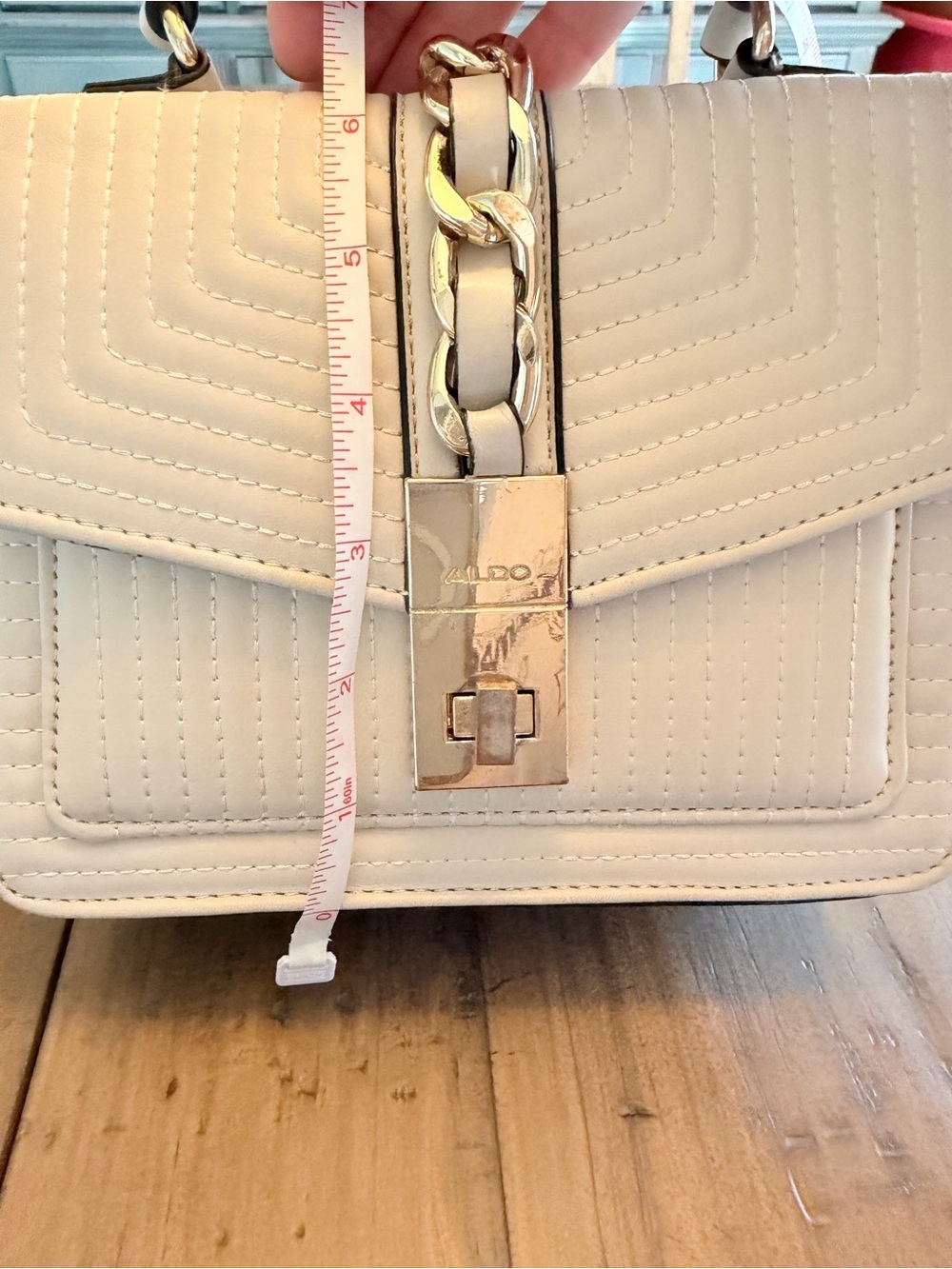 ALDO Cream Quilted Top-Handle Satchel with Gold Chain Accent - Picture 14 of 15